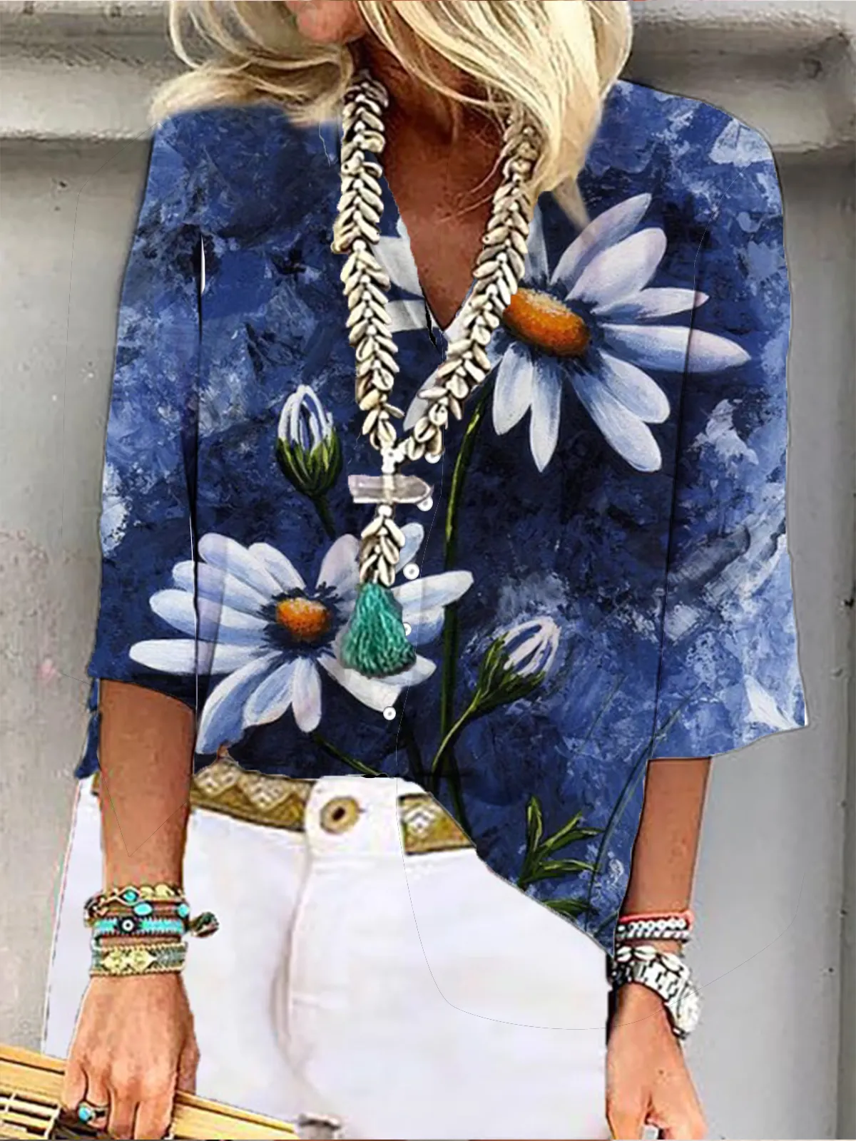 Boho Floral-Print 3/4 Sleeve Blouse