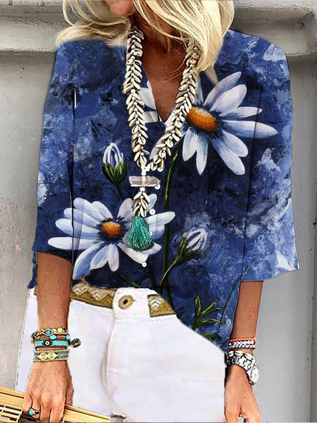 Boho Floral-Print 3/4 Sleeve Blouse