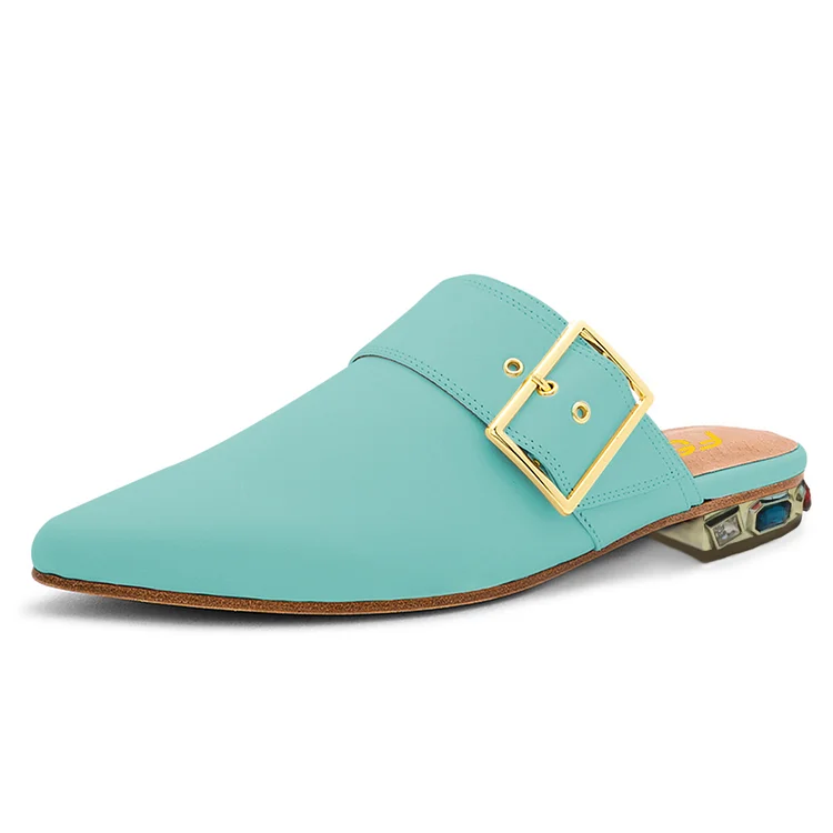 Turquoise Buckle Mule Trendy Flats |FSJ Shoes
