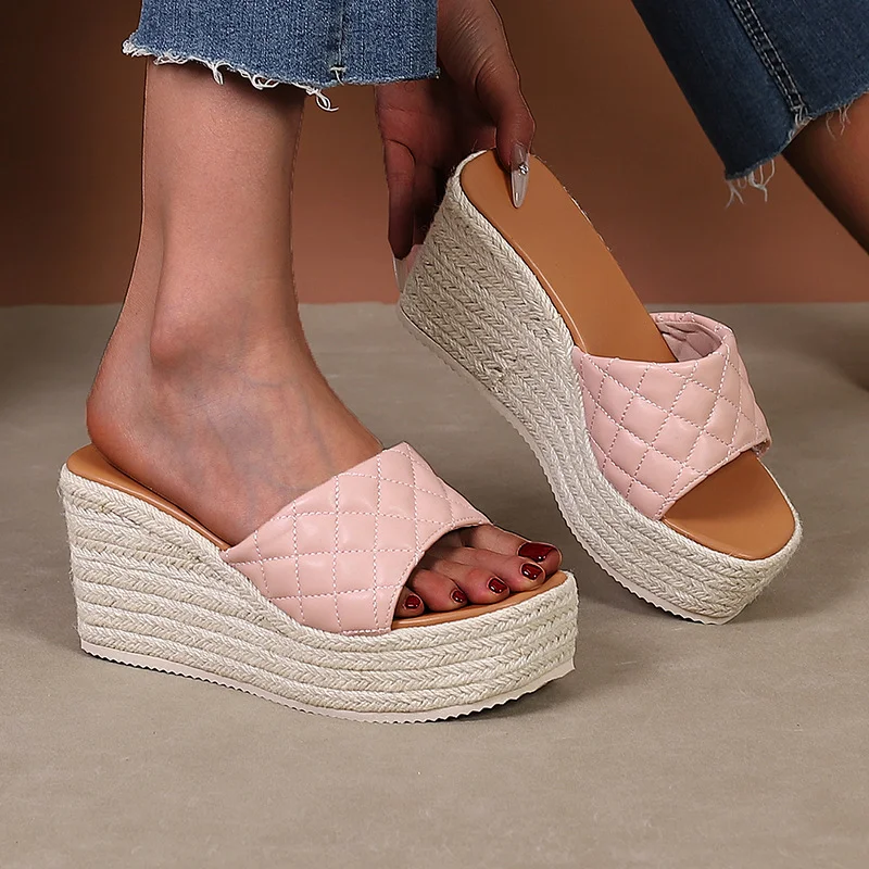 Wongn Wongn Slope Heel Thick Bottom High Toe Sandals Female Grass Hemp Rope Bottom