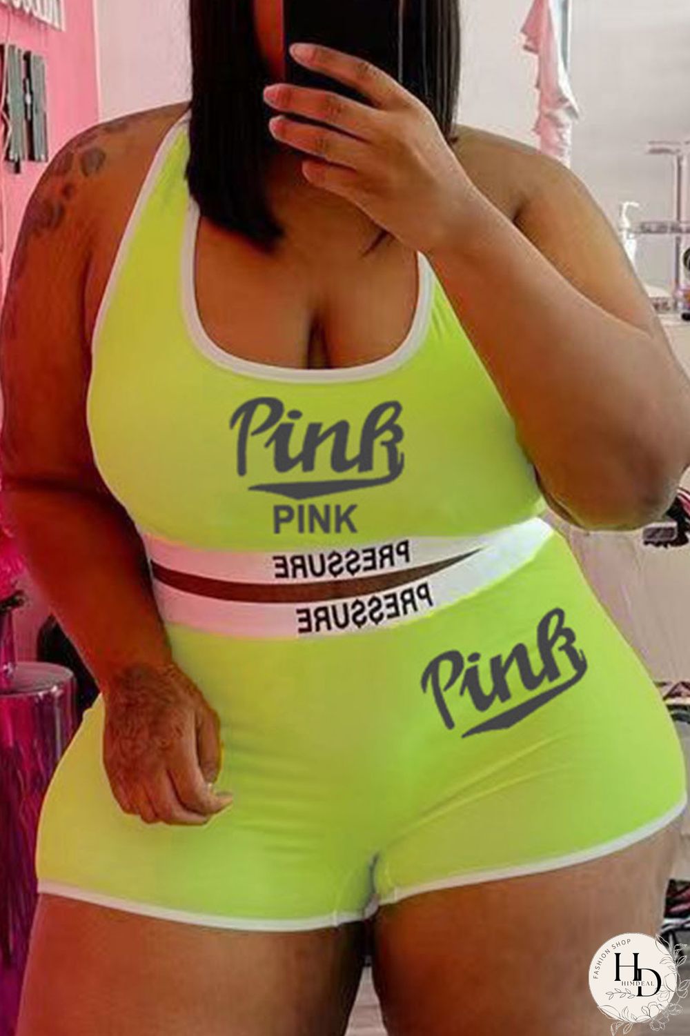 Blue Casual Letter Print Patchwork Spaghetti Strap Plus Size Two Pieces