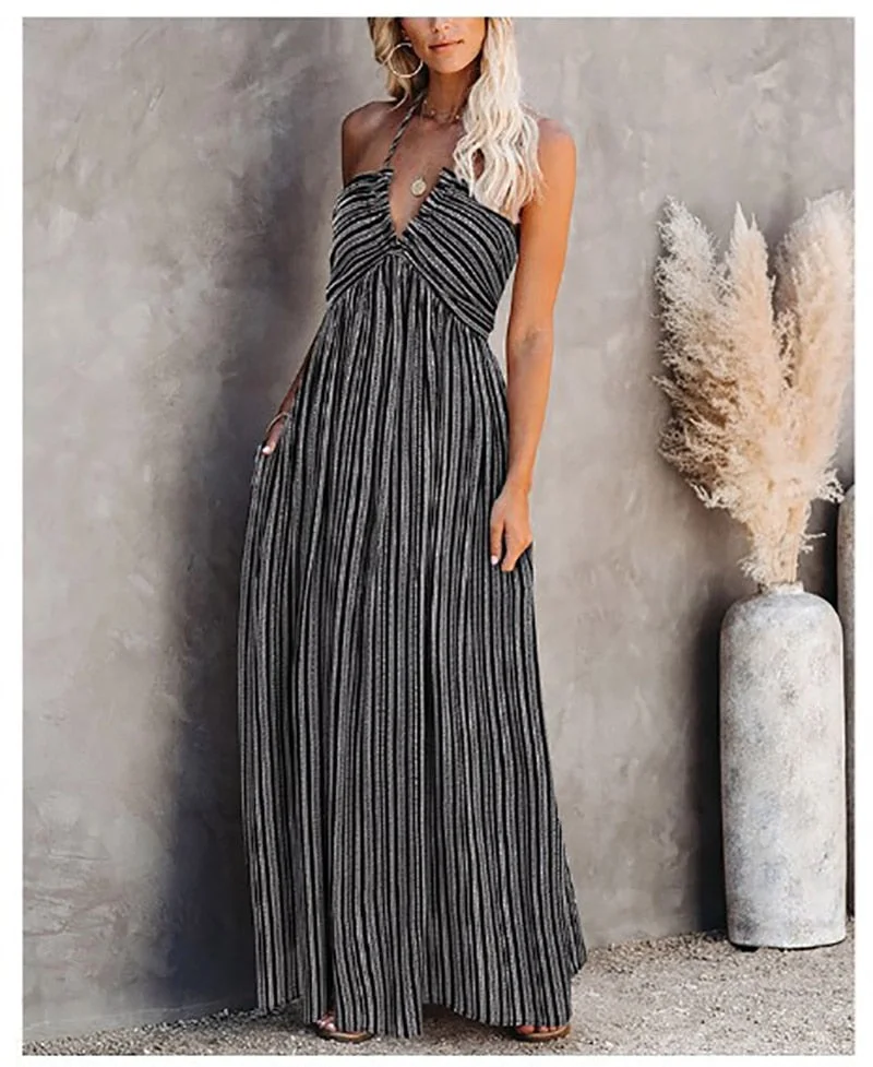 Fitshinling Bohemian Vintage Backless Maxi Dress Summer Striped Slim Sexy Sundress Holiday Long Robe V Neck A Line Vestidos Sale
