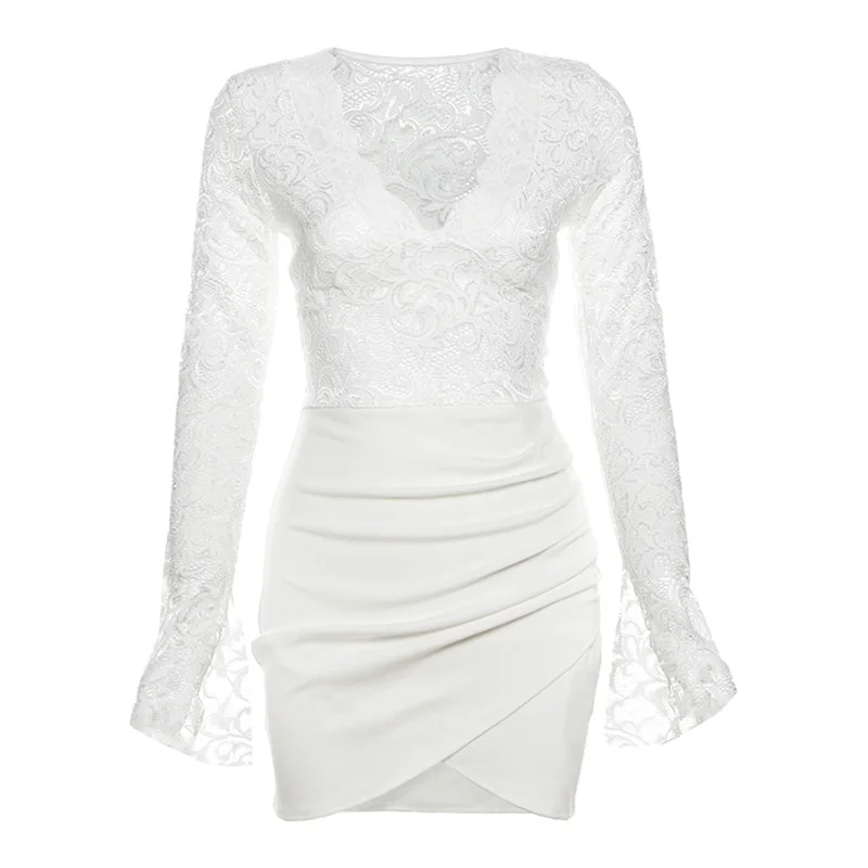 Uveng New Women's Clothing Simple Solid Color Lace Decoration V Collar Long Sleeve High Waist Tight Skirt