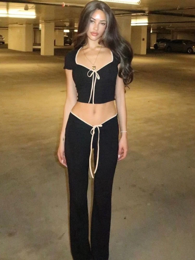 Toloer Black Ribbon Tie-Up Top And Pants Two Piece Set-Outfit Ideas