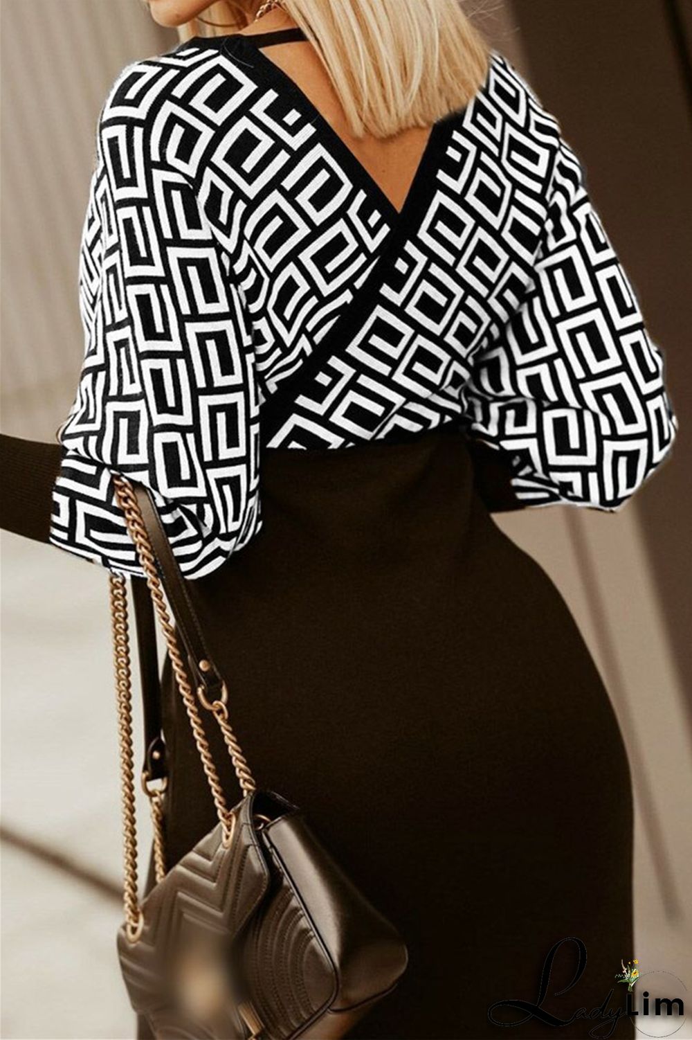 Black White Fashion Casual Print Patchwork V Neck Long Sleeve Dresses