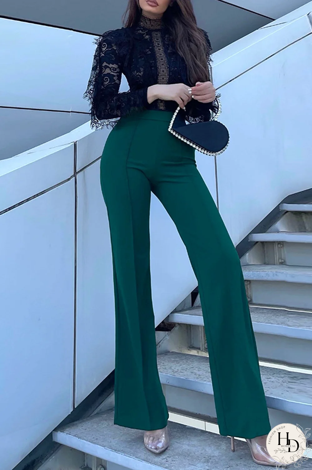 Ink Green Casual Solid Patchwork Boot Cut High Waist Speaker Solid Color Bottoms