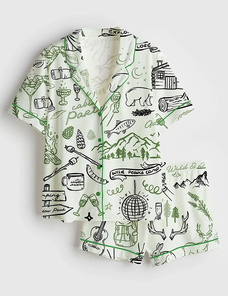 Women&rsquo;s Outdoor Whimsical Style Hand Drawn Cabin Party Camping Wilderness Print Short Sleeve Satin Pajama Set