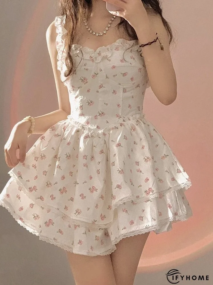 Joskka Summer Lace Kawaii Dress Women Vintage Sleeveless Elegant Sweet Mini Dress Female Floral Print Korean Designer Strap Dress | IFYHOME