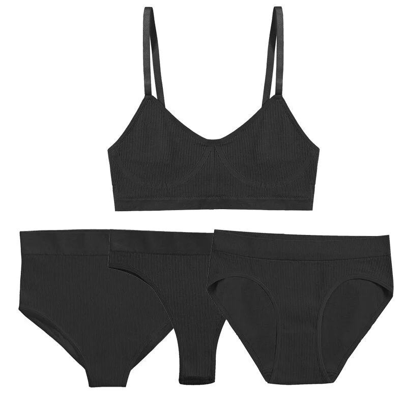 FINETOO 1 Top+3 Panties Set Women Seamless Bra G-String Thongs Soft Tops High Waist Shaper Underwear Female Lingerie Active Bra