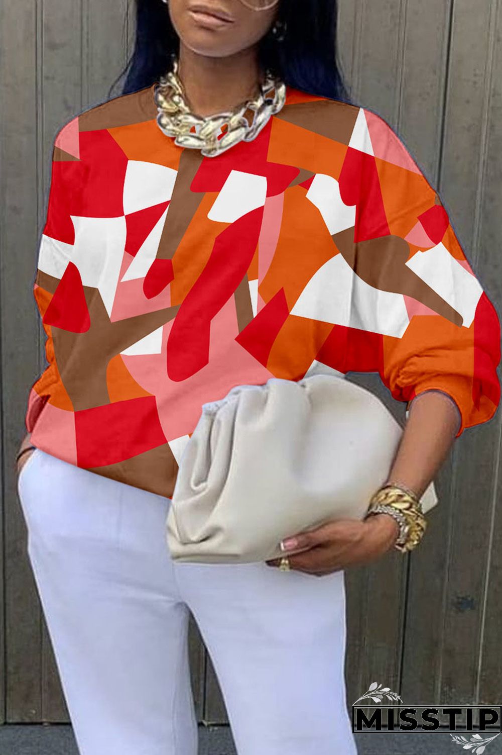 Blue Casual Street Print Patchwork O Neck Tops