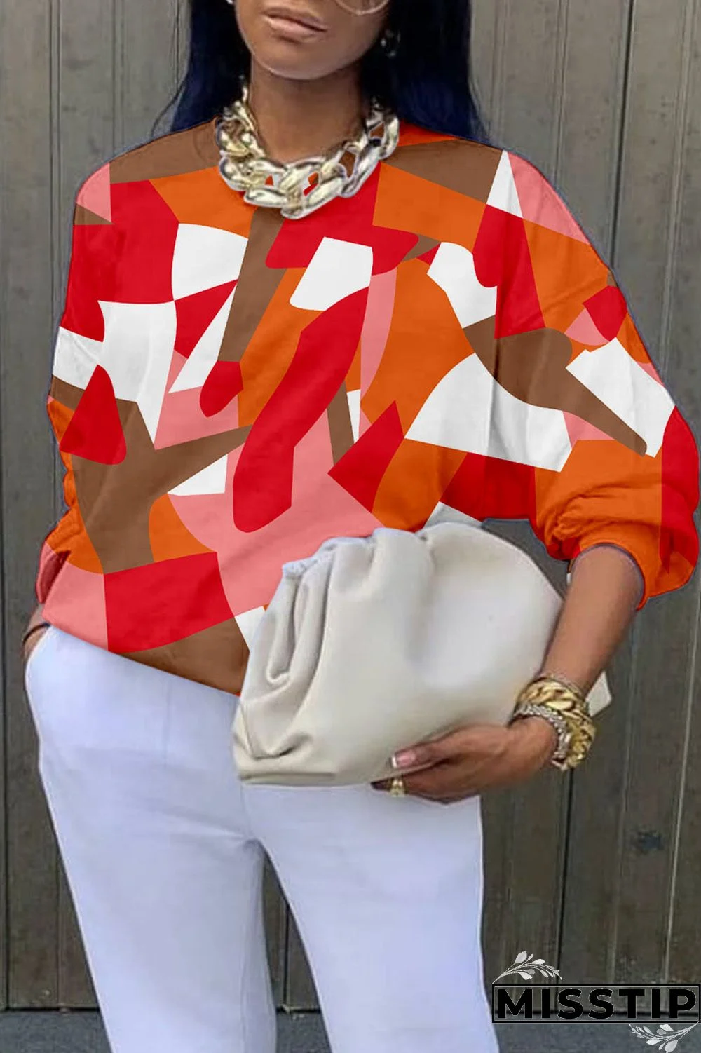 Blue Casual Street Print Patchwork O Neck Tops