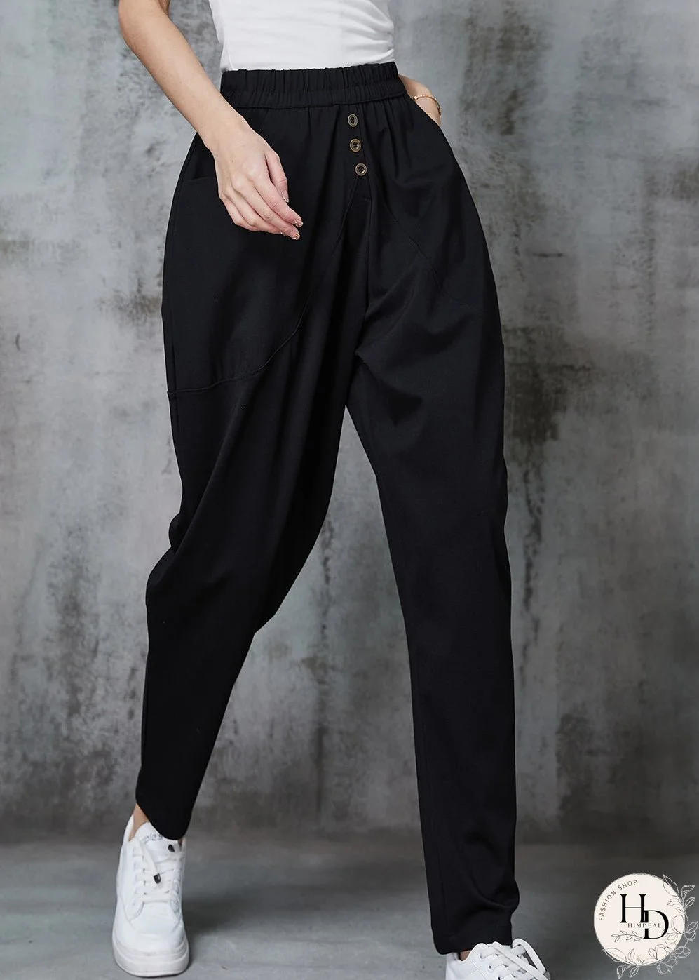 Plus Size Black Elastic Waist Cotton Harem Pants Spring