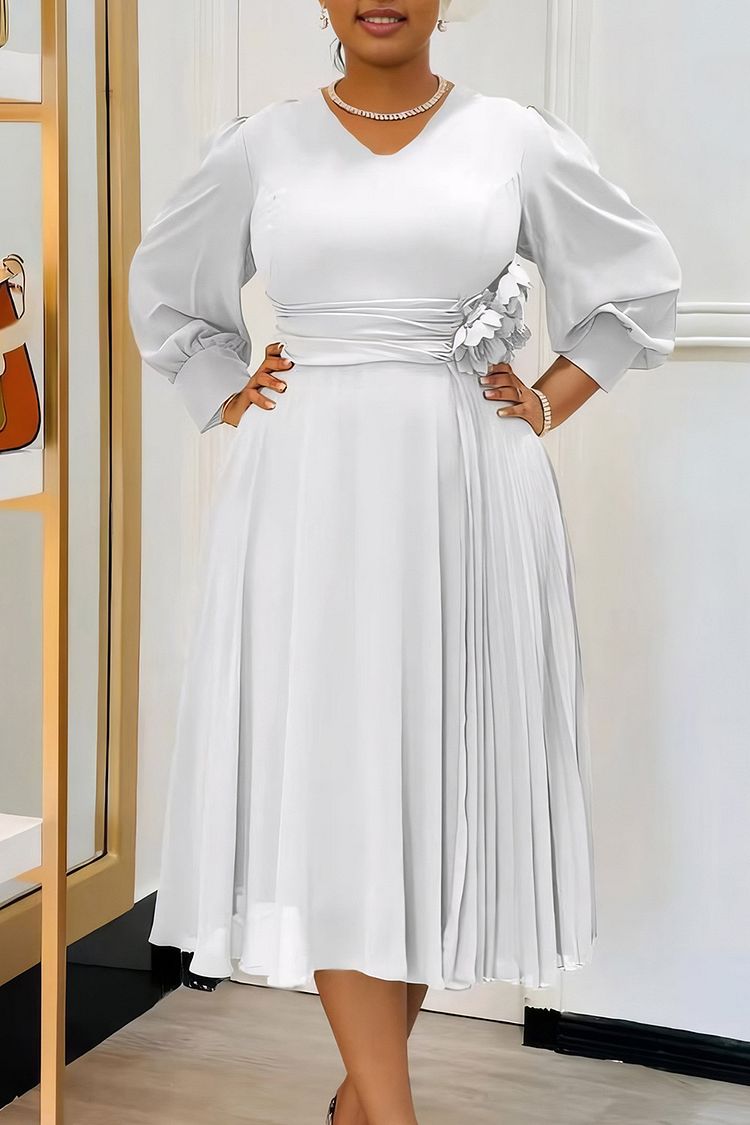 V Neck Lantern Sleeve 3D Flower Decor Cinch Waist Plain Midi Dresses-White