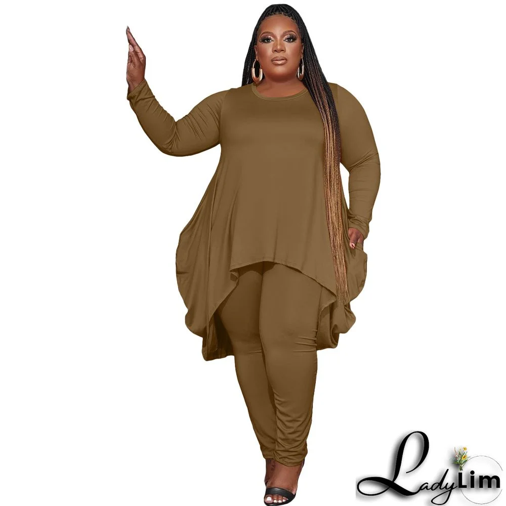 Plus Size Women Irregular Long Sleeve Top and Pant Two Piece Set