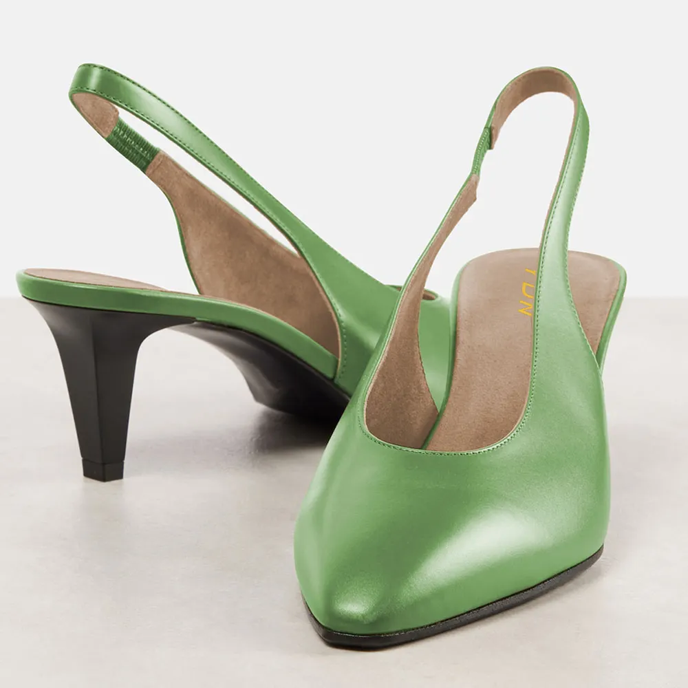 YDN Green Vegan Leather Pointed Toe Cone Heel Slingback Pumps