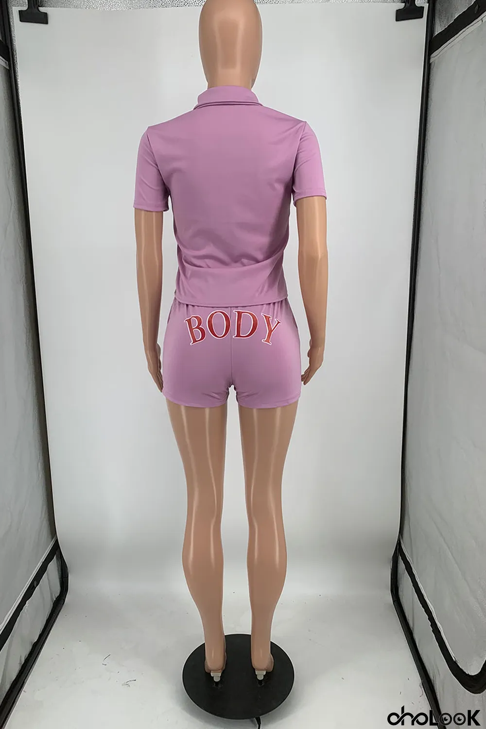 Water Blue Casual Print Letter Turndown Collar Short Sleeve Two Pieces