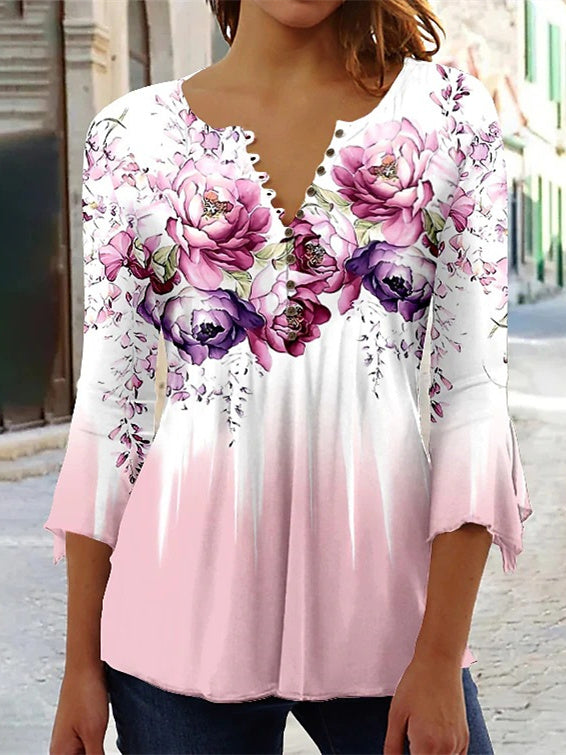Women Long Sleeve V-neck Graphic Floral Printed Top