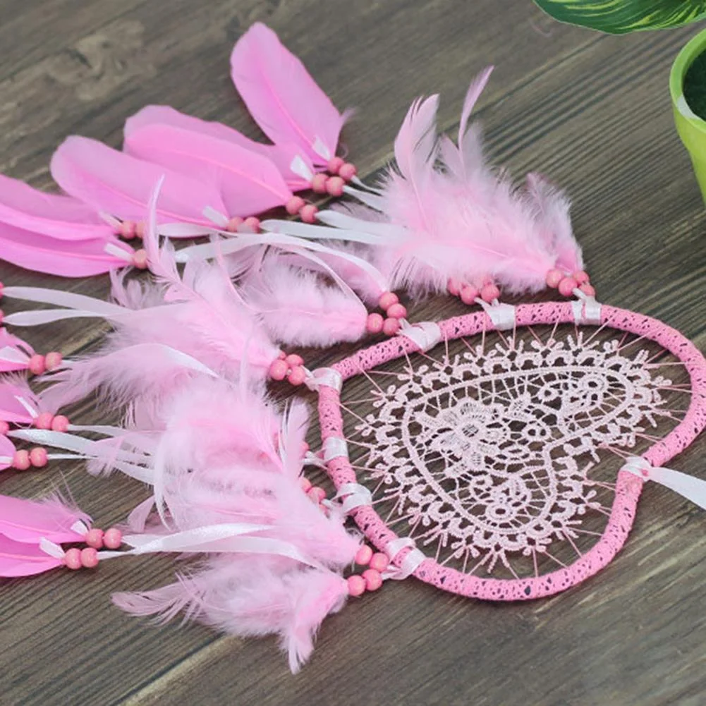 Heart Dream Catcher LED Light Feathers Wall Hanging Dreamcatcher (Pink)