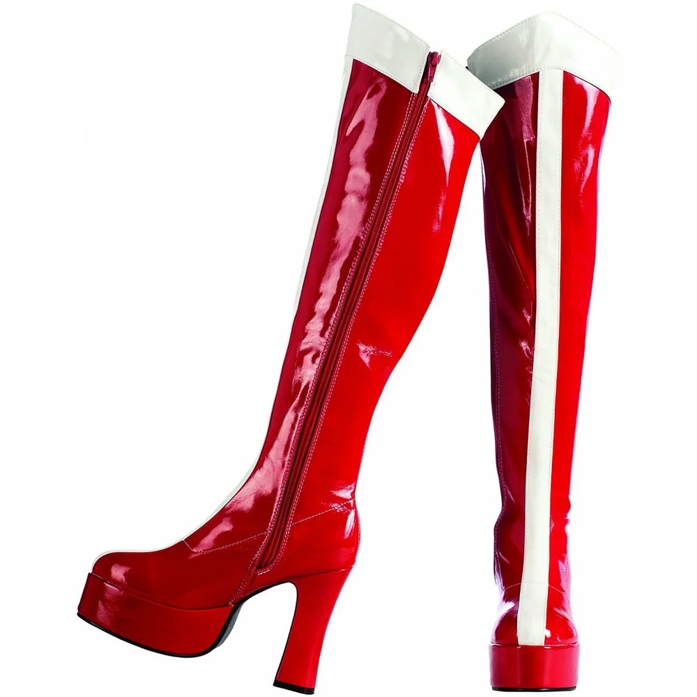 Wonder Woman's Coral Red White Stripe Patent Leather Platform Chunky Heel Knee-high Boots Nicepairs