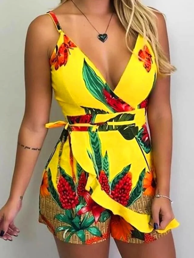 Women's Romper Backless Print Floral V Neck Casual Street Holiday Regular Fit Spaghetti Strap Yellow Navy Blue Blue S M L Spring | IFYHOME