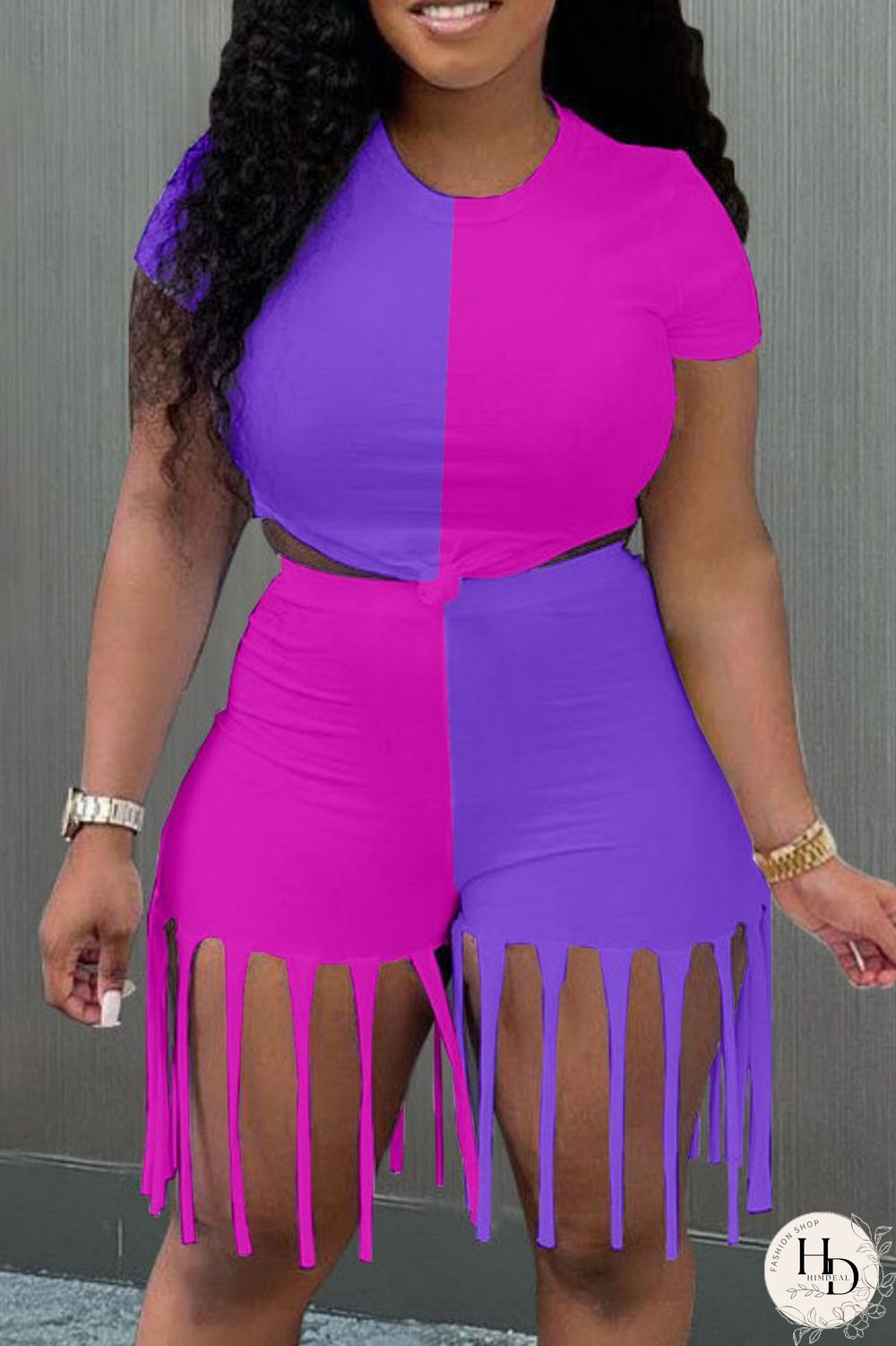 Yellow Blue Fashion Casual Patchwork Tassel O Neck Short Sleeve Two Pieces