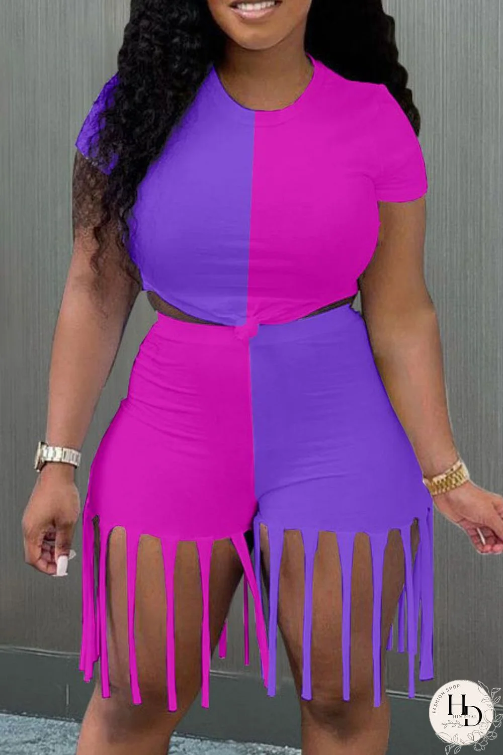 Yellow Blue Fashion Casual Patchwork Tassel O Neck Short Sleeve Two Pieces