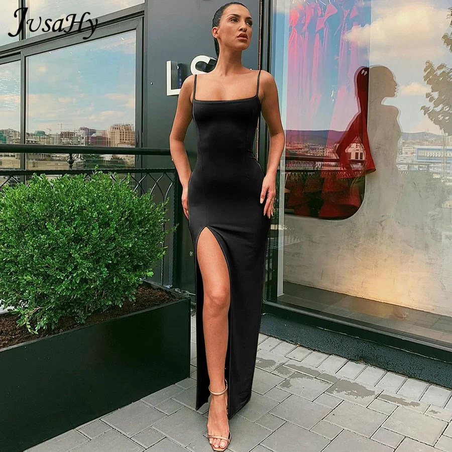JusaHy Elegant Vestidos Outfits Women Spaghetti Strap Sexy Split Solid Slim Lady Ankle Fashion Classic Length Maxi Dresses New