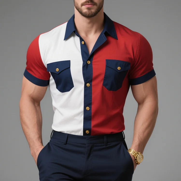 Okaywear Single Breasted Flap Pocket Color Blocks Shirt Okaywear