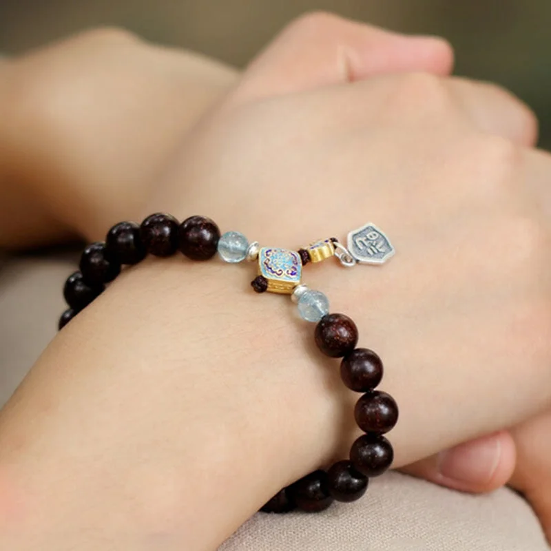 925 Sterling Silver Indian Small Leaf Red Sandalwood Aquamarine Full of Gold Star Chinese Knotting Blessing Bracelet