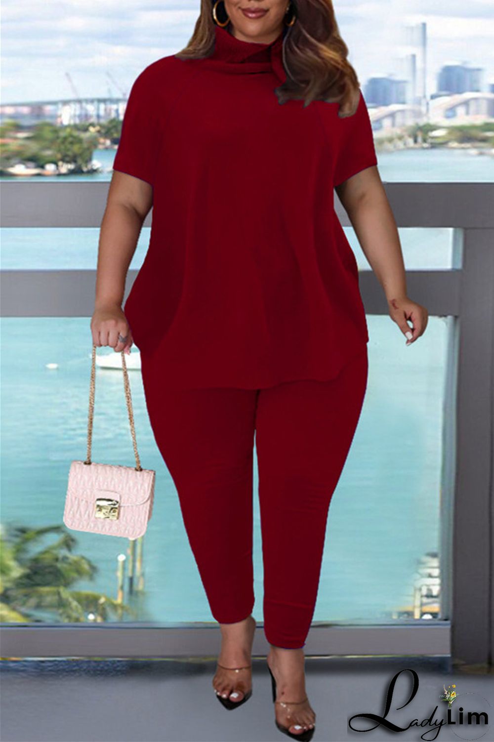 Pink Fashion Casual Solid Basic Turtleneck Short Sleeve Two Pieces