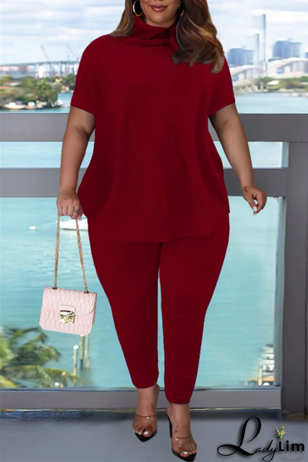 Pink Fashion Casual Solid Basic Turtleneck Short Sleeve Two Pieces