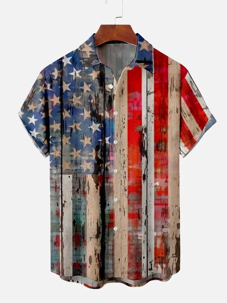 Vintage American Battle Damaged Flag Print Short Sleeve Shirt PLUSCLOTHESMAN