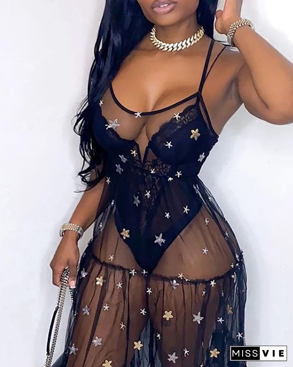 Star Floral Pattern Sequins Sheer Mesh Maxi Dress