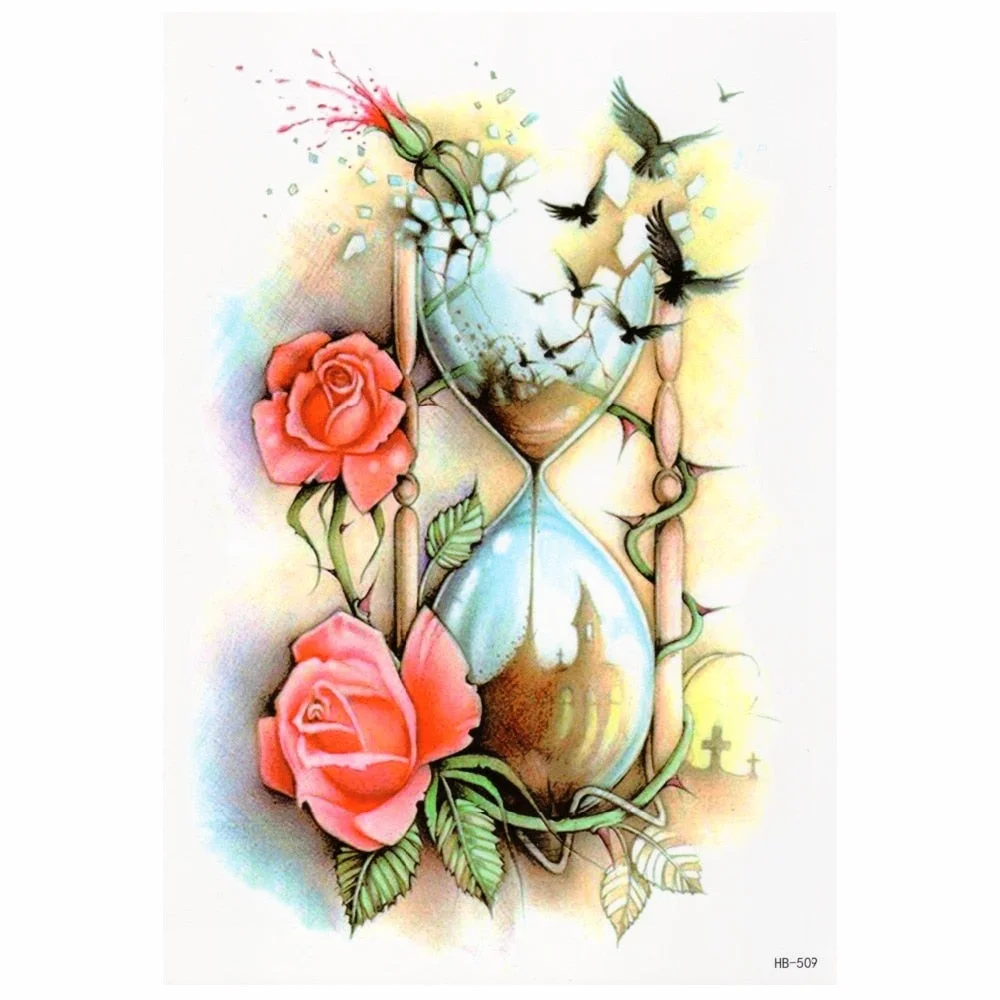 HOURGLASS TEMPORARY TATTOO - ROSES, CROWS, WOMENS, GIRLS, KIDS, FAKE, WATERPROOF
