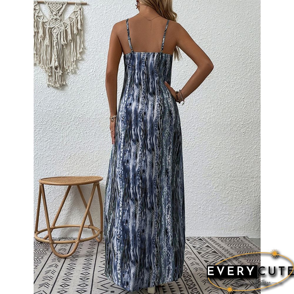 Gray Printed Spaghetti Straps Maxi Dress