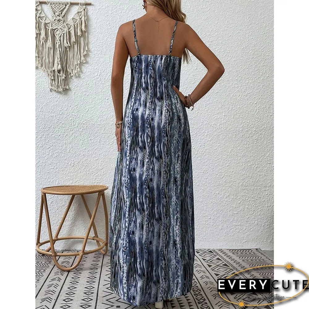 Gray Printed Spaghetti Straps Maxi Dress