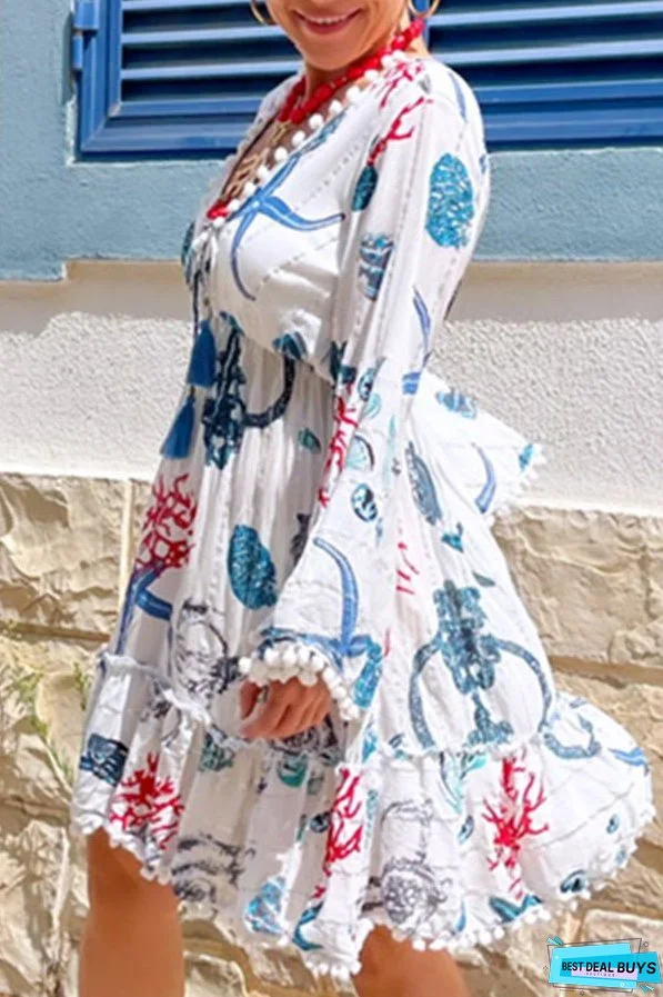 Bell Sleeve V Neck Coral Starfish Short Dress