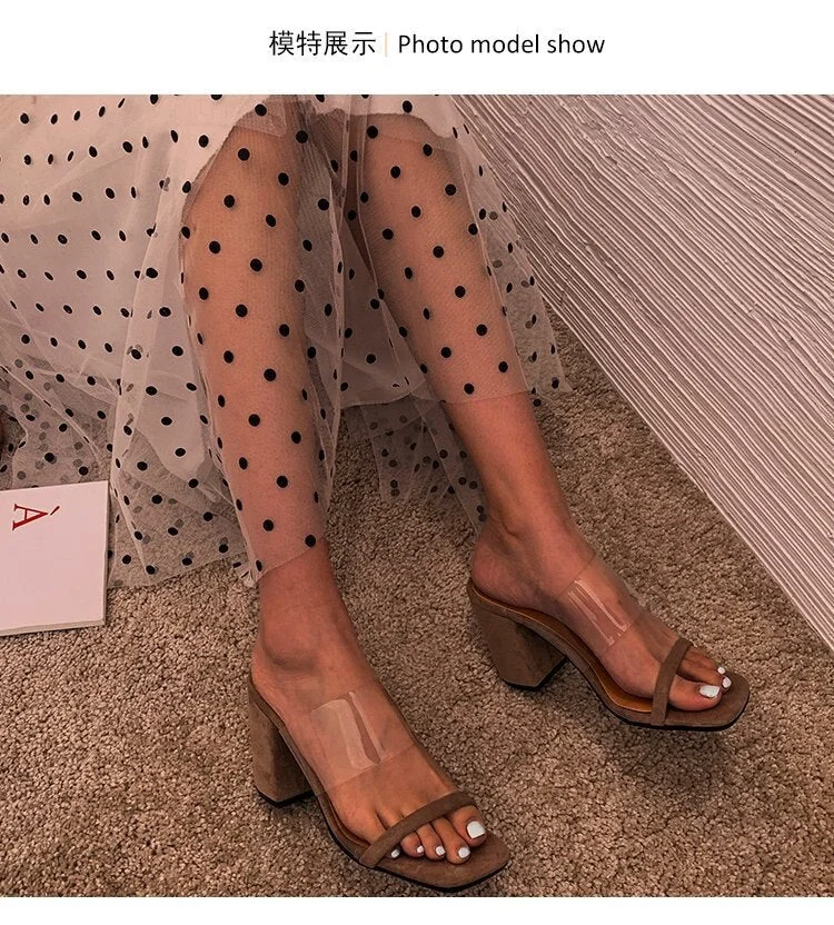 2021 Women Transparent PVC Sandals Ladies High Heel Pumps Slippers Candy Open Toes Thick Heel Fashion Female Slides Summer Shoe