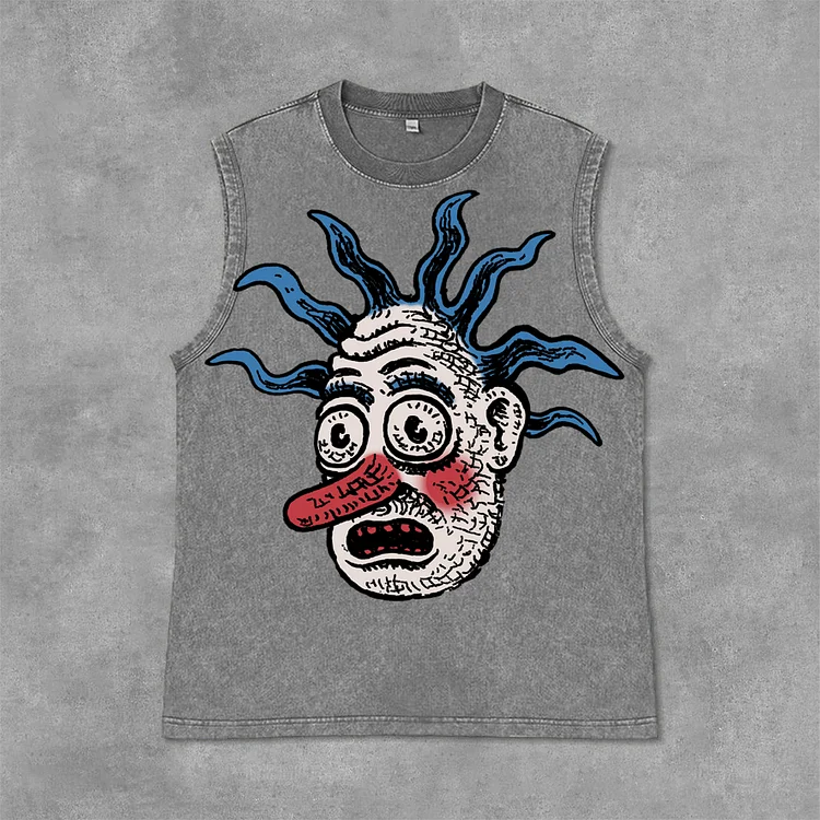 Funny Cartoon Avatar Graphics Print Acid Washed Sleeveless Tank Top SOPULA