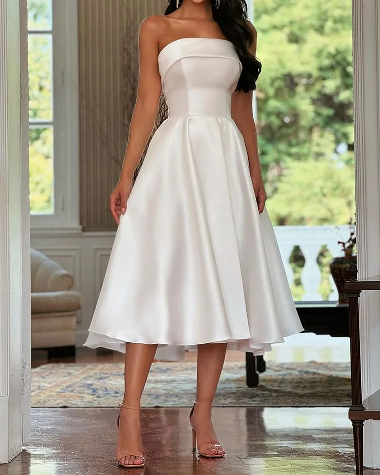 Strapless Solid Color Midi Dress 