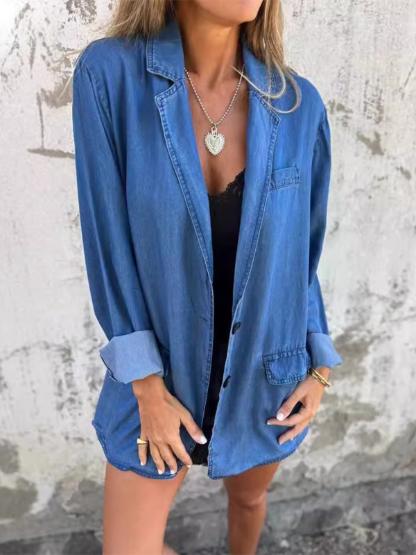 Mature Women Casual Loose Lapel Suit Collar Denim Jacket