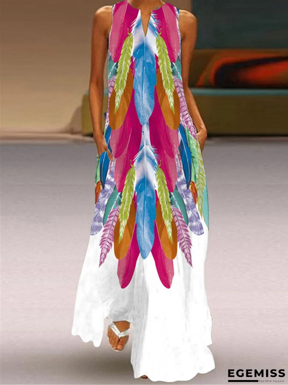 Digital Printed V-neck Sleeveless Dress Pocket | EGEMISS