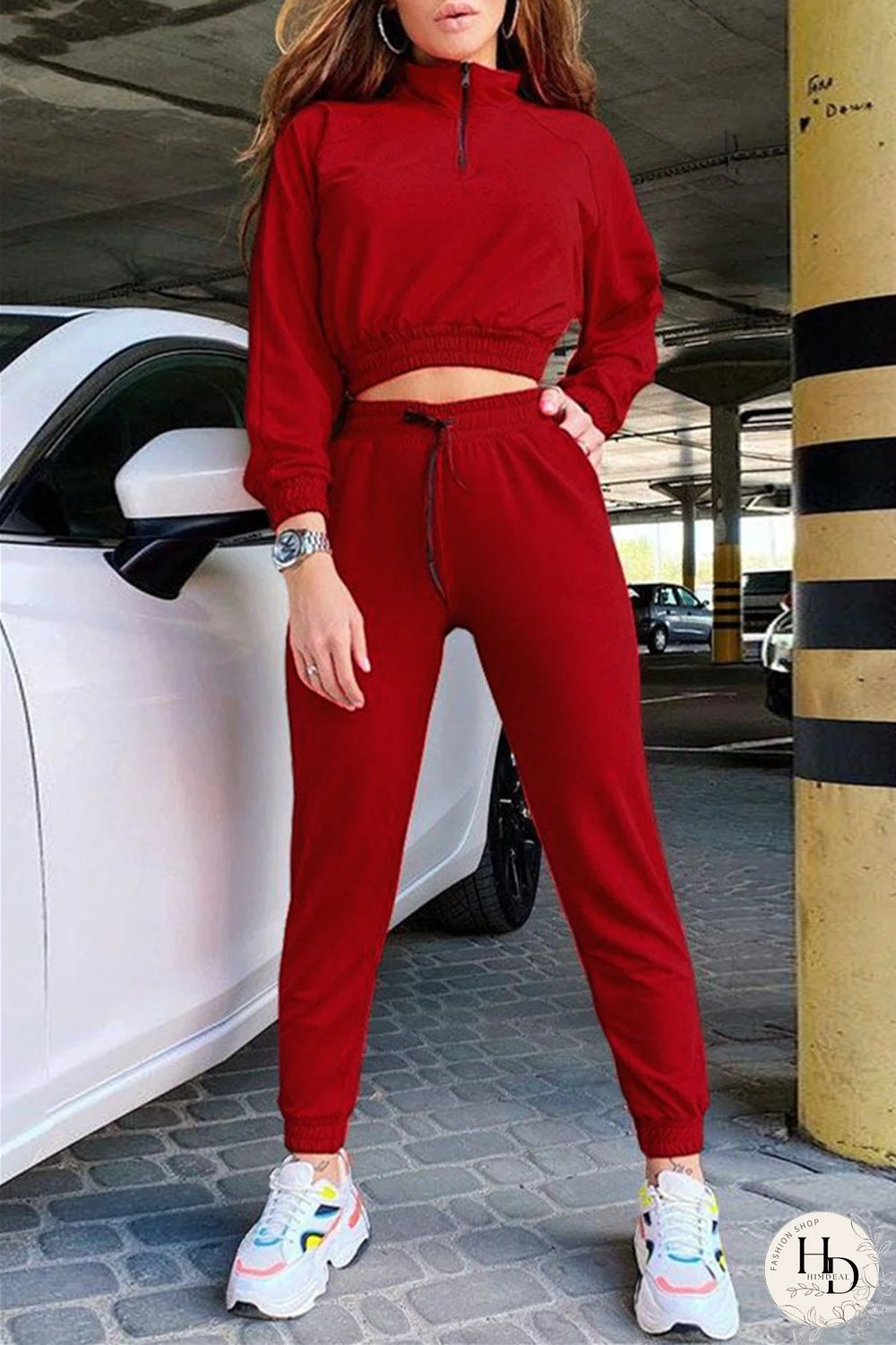 Red Fashion Casual Solid Split Joint Zipper Collar Long Sleeve Two Pieces