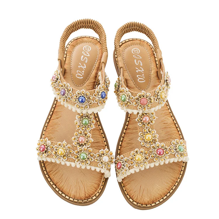Vanccy Bohemian Colored Pearls Comfortable Flat Sandals QueenFunky
