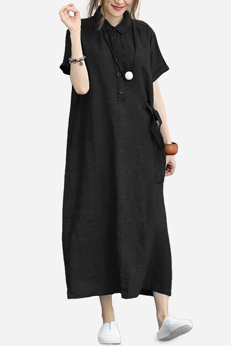 Short Sleeve Turndown Collar Linen Midi Dress