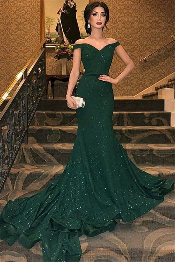 Dunkelgrüner Meerjungfrau Abendkleid vom Schulter PD073 Lunass