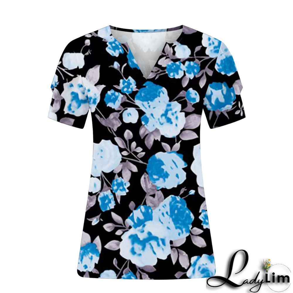 V-Neck Plus Size Ladies Short Sleeve T-Shirt Printed Top