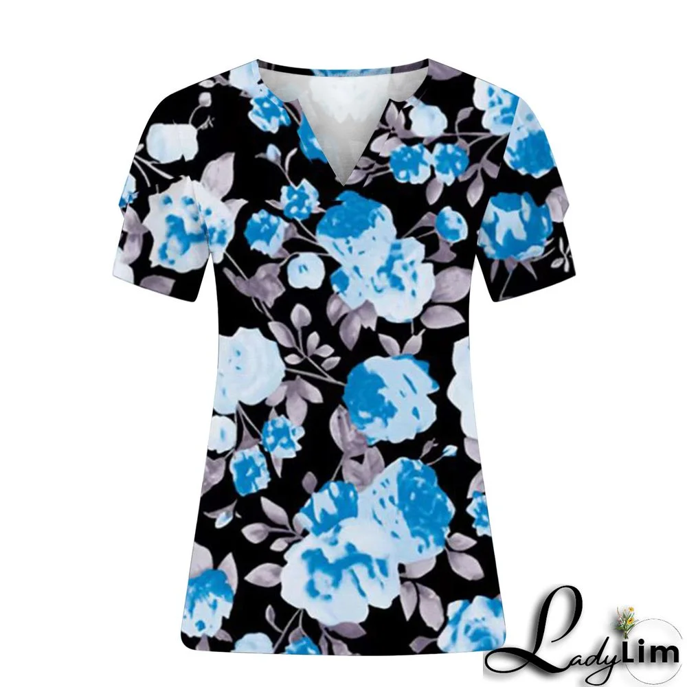 V-Neck Plus Size Ladies Short Sleeve T-Shirt Printed Top