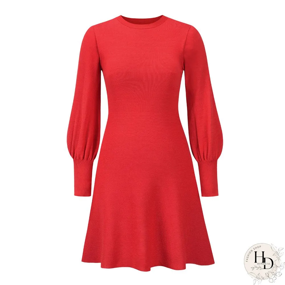 Crew Neck Long Sleeve High Elastic Waist Mini Dress