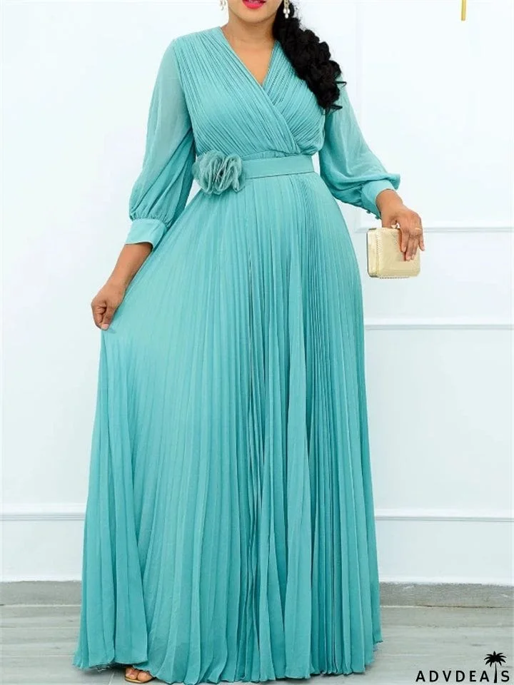 V-Neck Long Sleeve Slim Pleated A Line Long Dresses